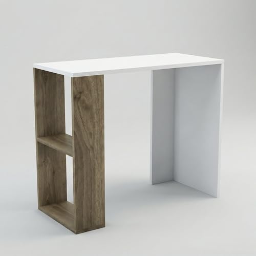 Image of Strata Compact Computer Desk with Built-in 2-Tier Bookshelf, Space-Saving Modern Study Table & Workstation for Home Office, 90x50x80cm (White & Walnut)