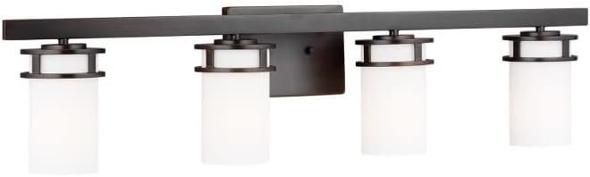 Generation Lighting 4421604-112 Four Light Wall/Bath, 300 Total Watts, 8.125 Inch Height, 34 Inch Wide, Steel Construction, Etched/White Inside Glass Shades, Damp Rated