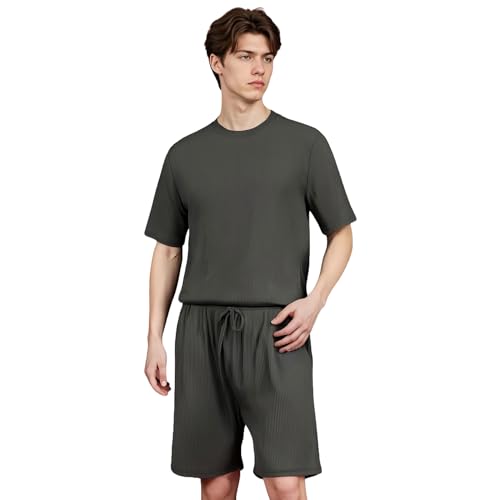 LANBAOSI Couples Matching Pajamas Sets Ribbed 2 Pieces Lounge Set Soft Short Sleeve Tops and Shorts Loungewear2