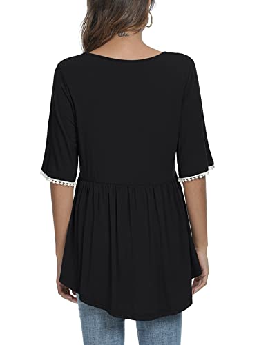 Xpenyo Women's Maternity Blouse Tops Round Neck Lace Bell Sleeve Plain Maternity T Shirt Pregnancy Shirts Black Size L #TOP3