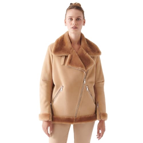 Denny&Dora Women Camel Shearling Jacket Classic Lapel Coat Sheepskin Fur
