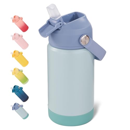 Image of Fijinhom 12 oz Water Bottle, Kids Water Bottles for School, Toddler Water Bottle with Straw & Handle, 304 Stainless Steel Insulated Water Bottle, Non-slip Silicone Base, BPA Free, Haze Blue