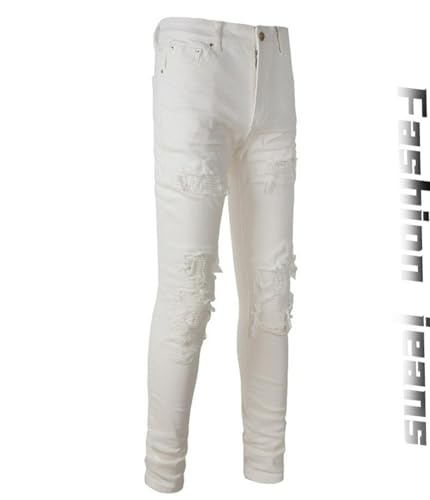 Jeans Pants Trouser Denim White Punch Patch Trendy Street Worn Hole Wrinkle Tassel Fur Retro Elastic Stretch Slim Fit Casual Straight Leg for Men(White,29)2