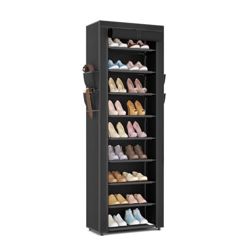 LANTEFUL Shoe Rack with Covers 5 Tier Tall Shoe Rack Organizer Large Capacity Shoe Shelf Storage 20-24 Pairs Space Saving Free Standing Shoe Storage Organizer for Closet, Entryway, Dorm, Bla