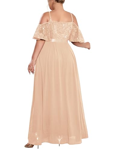 MISSMAY Women's Plus Size Sequins Lace Off Shoulder Short Sleeves Slit Formal Wedding Guest Chiffon Long Dress2