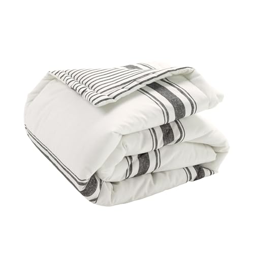 Image of Lush Decor Farmhouse Stripe Reversible Throw, Single, 50 inch W x 60 inch L, Black - Classic Modern Rustic Charm - Cozy Soft Single Pinstripe Print Blanket