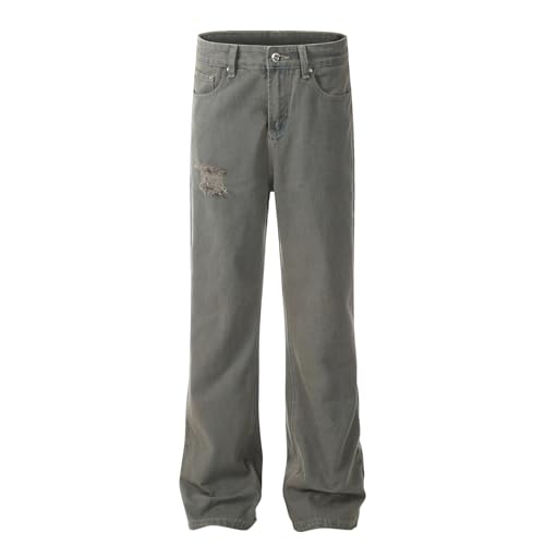Jeans Pants Trousers Denim Street Trendy Retro Wear and Tear Hole Wash Niche Gray Green Straight Commuter for Men