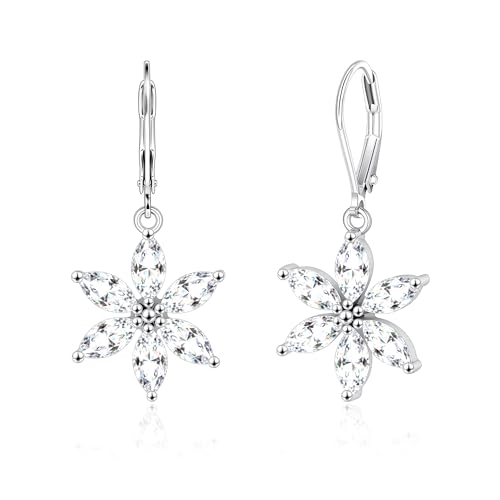 Boucles d'Oreilles Pendantes Fleuries Argentées Femme, Pendentif Fleur Zirconium Laiton Plaqué Argent, Anneau Français Bijou Scintillant