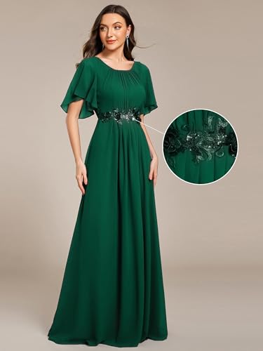 Image of Ever-Pretty Women's Classic Round Neck Pleated Short Sleeves Chiffon Appliques Floor Length A Line Formal Evening Dresses