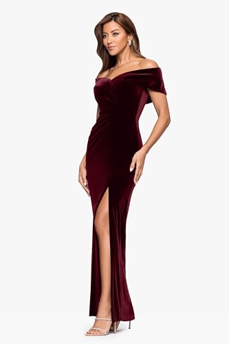Image of Xscape Women's Long Velvet Off-The-Shoulder Sweetheart Neckline Dress with Leg Slit and Center Back Zipper