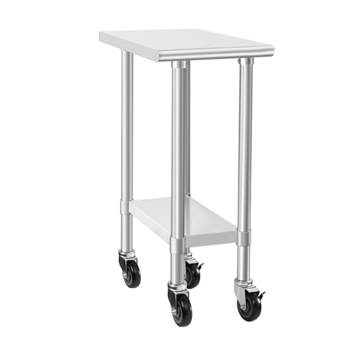 Image of HARDURA Stainless Steel Commercial Table Prep & Work Table with Casters Heavy Duty Metal Table with Wheels NSF 430 24x15 Inches