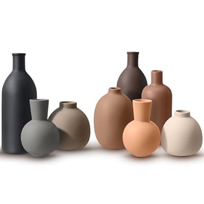 Ferrochef 8 Pcs Ceramic Vase Set Home Decor Rustic Modern Farmhouse Neutral Boho Pottery Terracotta Vases for Pampas Grass Bouquet Dried Fresh Flowers, Shelf, Entryway Bedroom Minimalism Decor