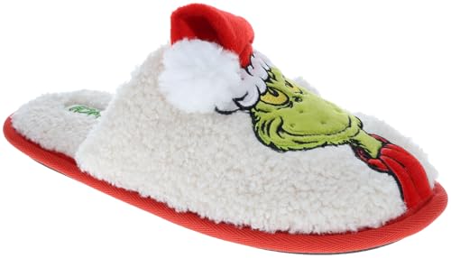 GRINCH Holiday Slippers, Novelty Fleece Scuff Slippers for Men and Women, Ivory, Women's MD (7-8)