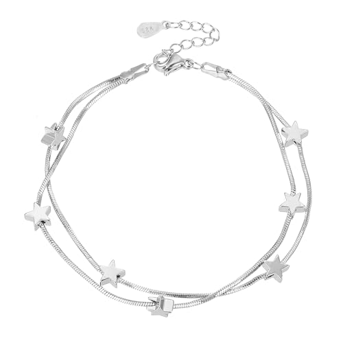 Image of Stars Bracelet for Women, Silver Jewelry Stars Double Chain Bracelet Beaded Star Charm Bracelet Ankle Bracelets Minimal Bracelet Dainty Chain Simple Jewelry Gifts for Women Teens