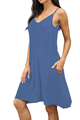 Image of Women's Summer Spaghetti Strap Casual Swing Tank Beach Cover Up Dress with Pockets