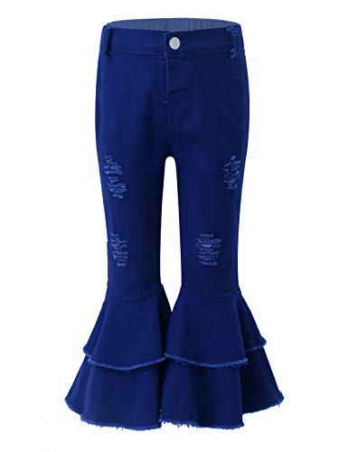 FEESHOW Toddler Little Girls Mid Waist Ripped Denim Jeans Kids Ruffle Flare Pants Bell Bottoms Leggings Trousers Dark Blue 9-10