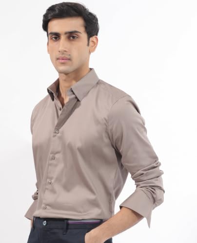 Image of Rare Rabbit Men Regular Fit Solid Beige Satin Long Sleeve Button Shirt