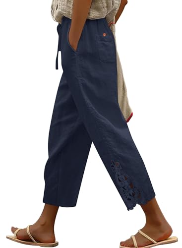 Angerella Linen Pants for Women Fashion 2026 High Waisted Pants Pockets Trousers Summer Beach Vacation Clothes Dark Blue XXX-Large