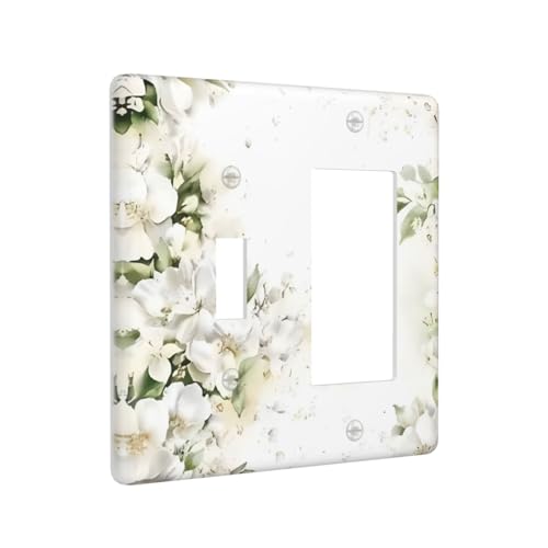 Decorative Outlet Covers Rustic Ink Green Leaves White Florals Flower 2 Gang Outlet Cover Wall Plate Single Toggle Rocker Light Switch Cover Plate Switch Plate Covers for Bedroom Decor