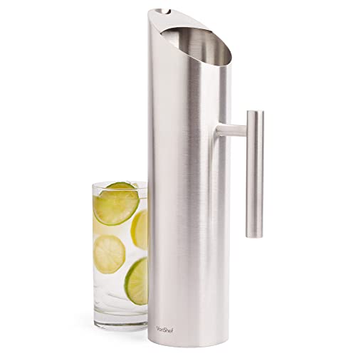 VonShef Stainless Steel Water Pitcher, 1.7L Silver Water Jug with Handle & Ice Guard