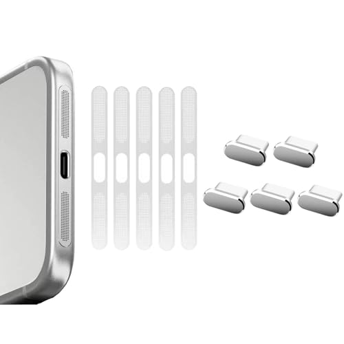 5 Pack Silver USB C Type C Charging Port Plug Caps, 5 Pack Speaker Dust Covers for iPhone 17 Pro Max, Silver