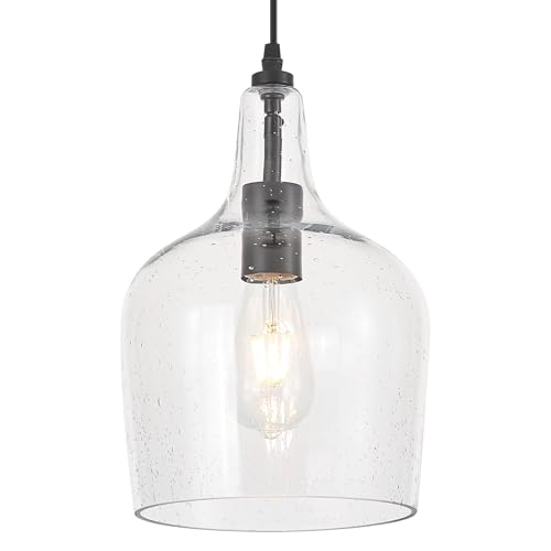 ELYCCUPA Seeded Glass Pendant Light Modern Black 1 Light Single Dome Pendent Lighting Fixtures for...