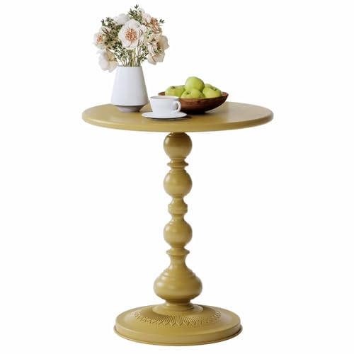 Metal Small Round Side End Table, Vintage Matte Coffee Drink Cocktail Table, Small Accent Pedestal Table for Living Room Corners and Small Spaces (Gold)