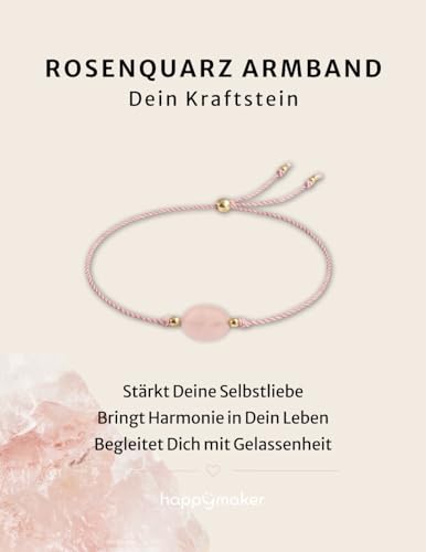 happymaker - Rosenquarz Armband Damen, handgemacht in Deutschland, Edelstein Armband rosa mit vergoldeten Perlen, Geschenkverpackung, Glücksbringer & Aufmunterung Geschenk für Frauen