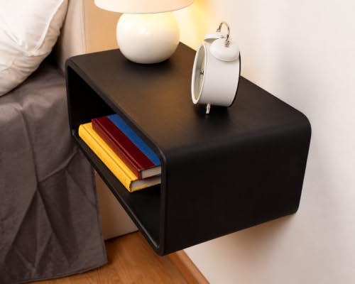 Image of UHUD CRAFTS Wooden Floating Nightstand with 2-Tier Storage, Wall Mounted Bedside Shelf, Floating Bedside Table for Bedroom, Space Saving Nightstand with Open Storage for Books & Plants - Black