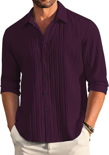Image of DEELMO Men's Casual Button Down Shirts Long Sleeve Linen Shirt Fashion Textured Beach Summer Shirt
