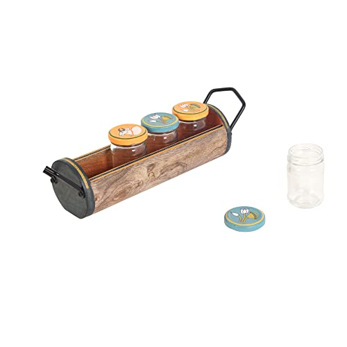 Image of AAKRITI ART CREATIONS Pichhwai Art Pickle Serving Jars and Tray | Handcrafted Glass Jars with Wooden Tray | Kitchen Storage Containers | Matte Finish Multicolor Dining Table Decor
