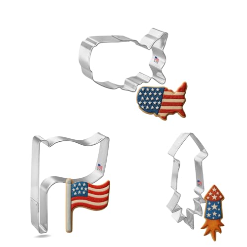 Fourth of July Independence Day Cookie Cutter 3-Pc Set Made in USA by H.O. Foose Flag, Firework, USA Map