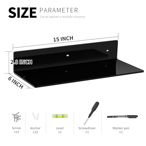 Image of 15 Inches Black Acrylic Wall Shelves 4 Pack, Perspex Wall Mounted Shelves for Home Decor, Space Saver