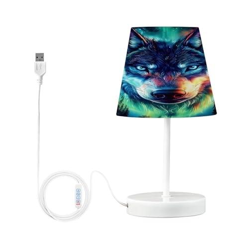 Mnsruu Lámpara de mesita de noche con diseño de lobo, galaxia, aurora, espacio y bosque, lámpara LED de escritorio, pantalla de tela, lámpara pequeña para dormitorio, sala de estar (bombilla incluida)