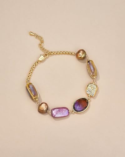 Gold Purple Golden Colorful CZ Cultured Baroque Silk Mother of Pearl Natural Gemstone Statement FULLY ADJUSTABLE Dangle Charms Tennis Bracelet for Women by SNGIA, Stackable Handmade Trendy Multicolor Crystal Jewelry Gifts, Beachy Summer Beaded Healing Protection Vacation Fashion Bracelet Accessories, Delicate Vintage Link Bohemian Nickle Free Station Bangle.3