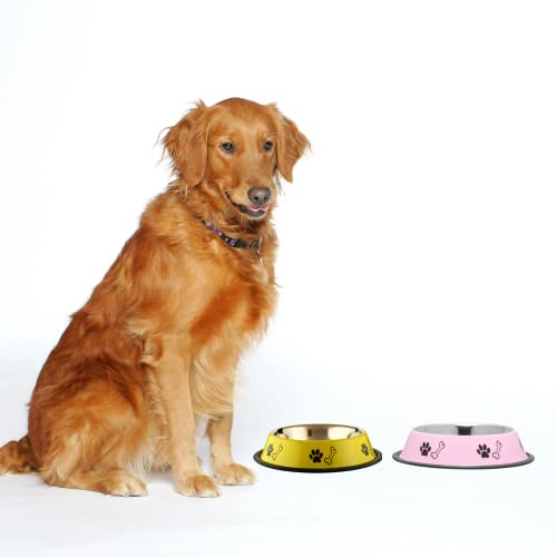 Image of Foodie Puppies Stainless Steel Dog Bowl Combo - (Medium, 700ml) Food and Water Feeding Gift Bowl | Suitable for Dogs, Cats and Other Pets I Paw Bone Print, Anti-Skid Rubber Base (Pink + Yellow)