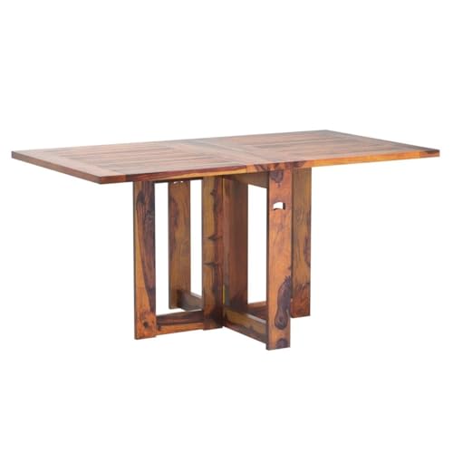 Image of Solid Sheesham Wood Foldable Dining Table Compact Design (Strip Top, Honey Finish)