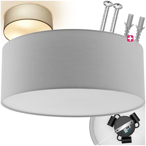 TecTake® lampara de techo redonda, acero resistente, lino, 3 bombillas, lampara salon, instalación fácil, material de montaje incluido, diseño atemporal, lampara techo dormitorio - Gris