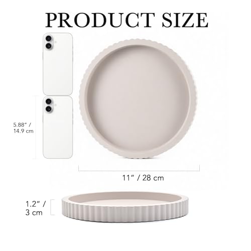 Modern Decorative Tray for Coffee Table, 11" Wooden Gray Beige Round Small Decor Tray for Candle, Perfume, Vanity, Kitchen Island Counter & Table Centerpiece - Image 3