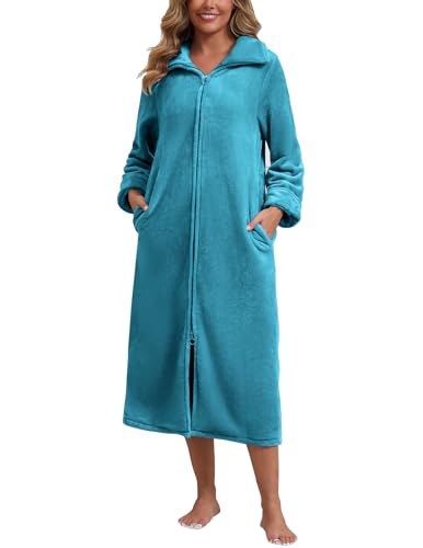 Rubehoow Damen-Bademantel aus Fleece, weich, warm, Hausmantel, Plüsch, Flanell, Reißverschluss, Bademantel mit Taschen für den Winter, türkis, XXL