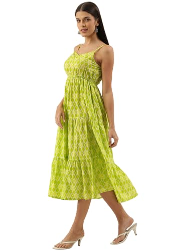 Image of FABRIC FITOOR Women Cotton Lime Green Color Geometric Print Fit & Flared Dress with Shoulder Straps