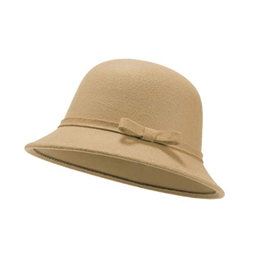 UltraKey Sombrero de Fieltro para Mujer, Sombrero de Cubo, Sombrero de Lana de Gamuza Vintage Ajustable con Lazo Caqui