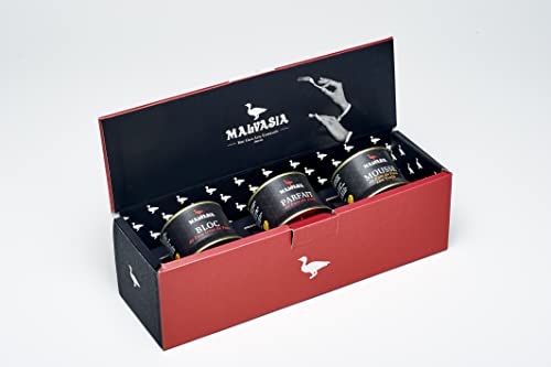 MALVASIA Cesta Gourmet, Caja Regalo con Parfait de Foie de Pato, Foie Gras de Pato y Mousse de Foie de Pato con Trufa, Elaboración Artesanal, Sin Gluten, Lote de 3 Latas Abre Fácil de 130 g