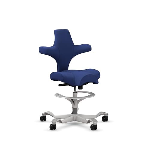 Image of HAG Capisco Sit to Stand Chair-Silver Frame-Upholstered Cobalt Blue-with Foot Ring