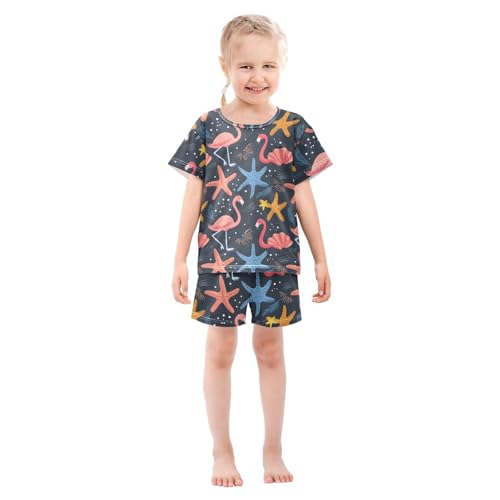 ALAZA Starfish Seashell Flamingo Blue Pajamas Short Sleeve 2 Piece Sleepwear Top and Bottom Pajama Set Unisex3