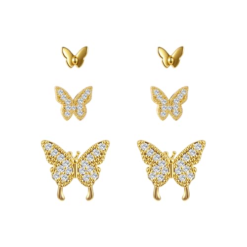 3 Pairs 14K Gold Plated 925 Sterling Silver Posts Bow Earrings for Women, Cubic Zirconia Bow Butterfly Stud Earrings Hypoallergenic Earrings Fashion Jewelry Gifts for Women