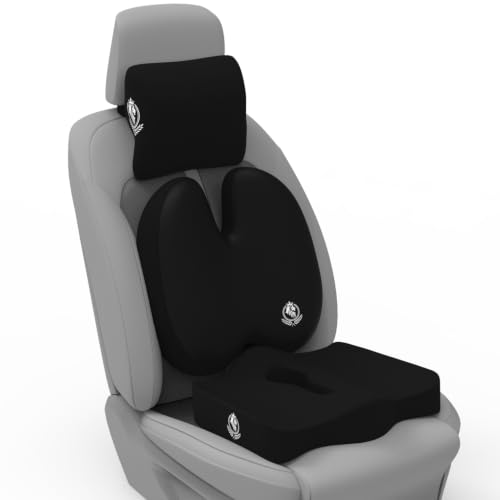 Image of MRRON Memory Foam Posture Corrector Car Seat Cushions Combo | Orthopedic Backrest, Coccyx Cushion & Neckrest | Ergonomic Lumbar Comfort Seat Cushion | Reduces Sciatica, (Black, Backpro)