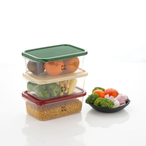 Image of Set of 3 Fridge Storage Containers with Lids 1100ml Each | BPA Free Food Grade Stackable Transparent Freezer Safe Boxes for Vegetables Fruits Snacks Kitchen Made in India