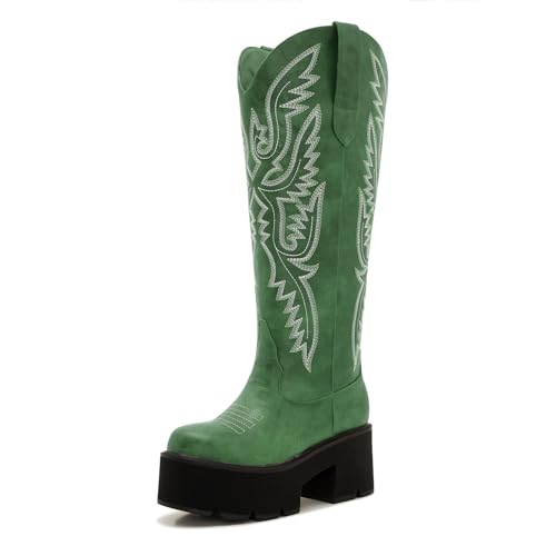 Image of Uillnoodu Wide Calf Cowboy Boots Women Adjustable Lace Up Knee High Tall Plus Size Cowgirl Boots Western Style Comfortable 2-Inch Heel