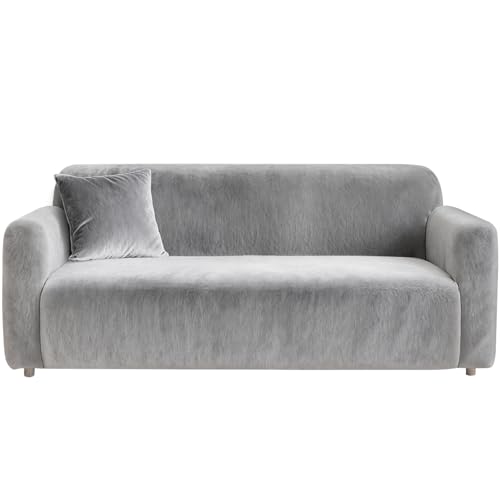 Yeahmart Thick Sofa Covers 1/2/3 Seater Pure Color Sofa Protector Velvet Easy Fit Elastic Fabric Stretch Couch Slipcover (Silver Grey, 1 Seater 90-140cm)